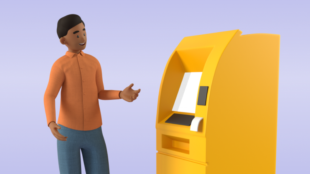 Mann med oransje skjorte står ved siden av gul automat med en hånd hevet og håndflate opp