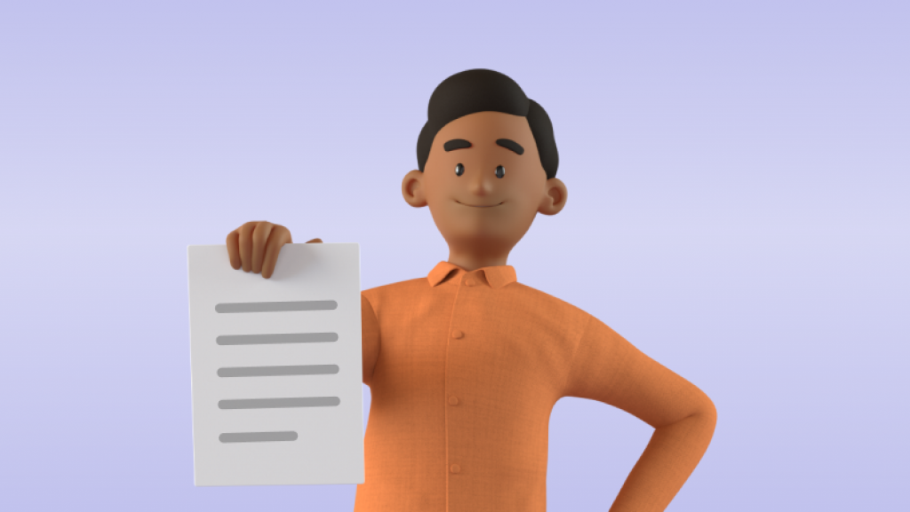 Mann i oransje genser står holder et papir med tekst og paragrafsymbol