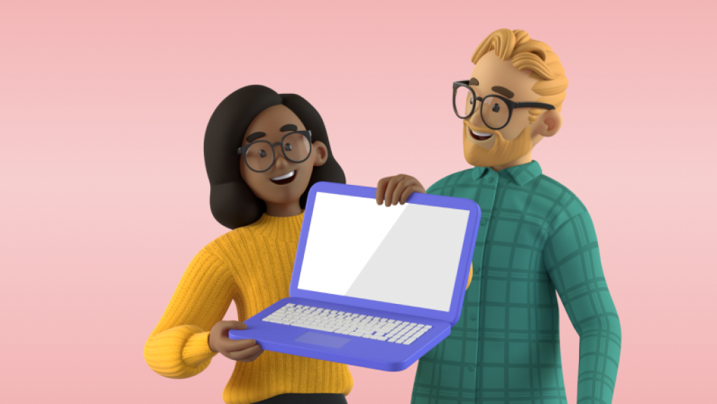 Kvinne med gul genser og mann med grønn genser og briller holder en bærbar datamaskin