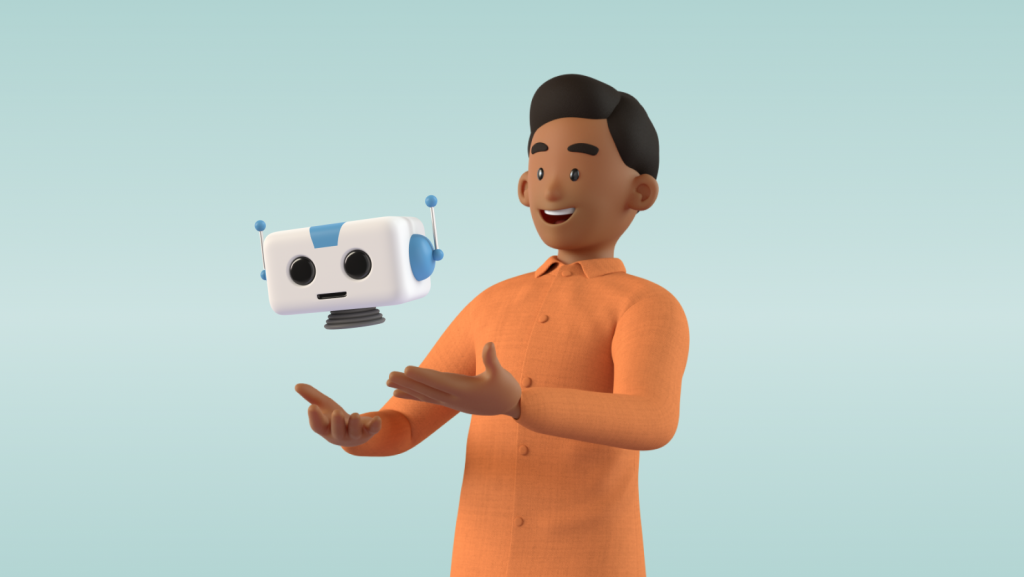 Mann i oransje skjorte holder hendene frem og ser på et flytende robothode