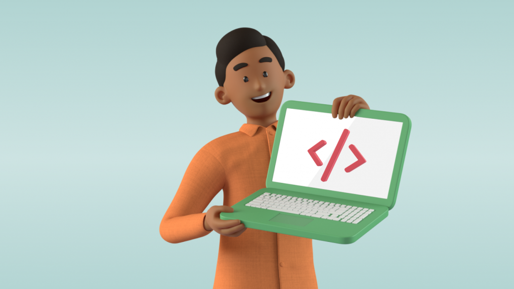 Mann i oransje skjorte holder opp laptop med symbol for kode