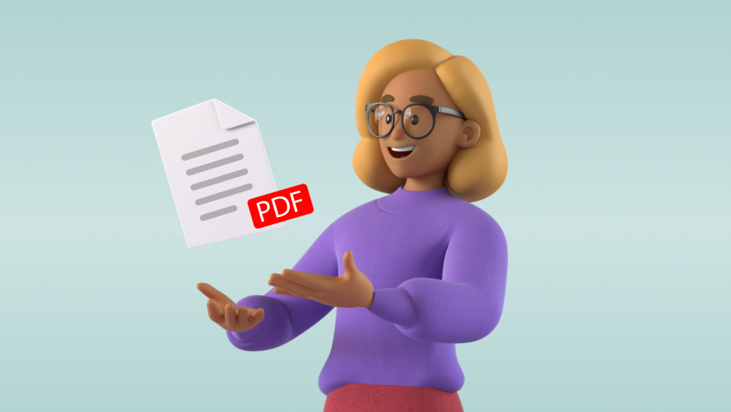 Kvinne i lilla genser strekker armene ut med et svevende PDF-dokument