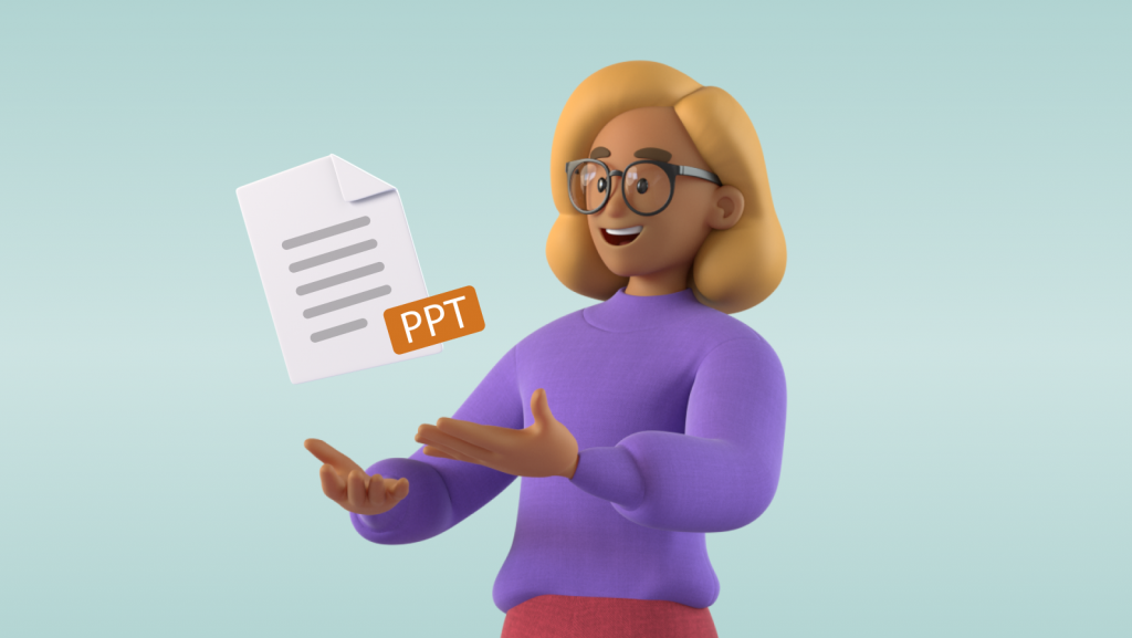Kvinne i lilla genser strekker armene ut med et svevende PPT-dokument