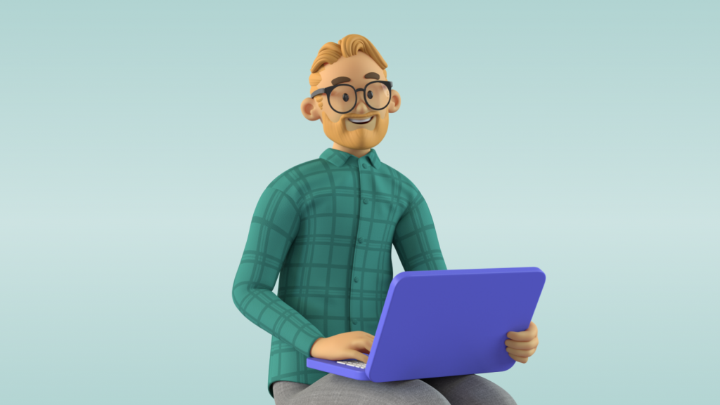 Mann i grønn skjorte sitter med laptop på fanget