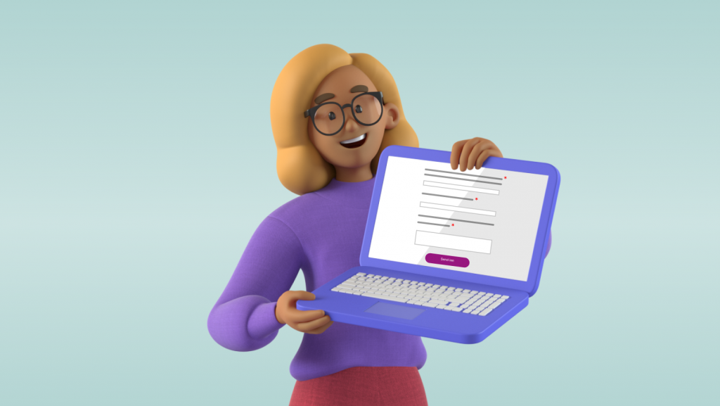 Kvinne i lilla genser holder opp laptop med skjema