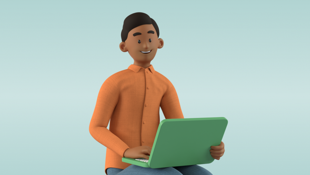 Man in orange shirt sitting with a laptop on his lap