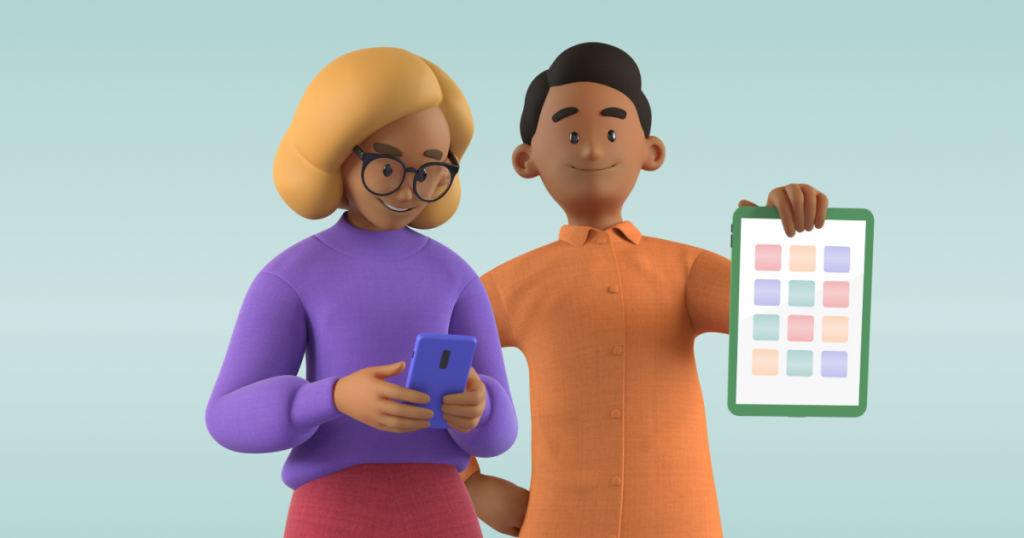 Woman in purple sweater standing holding a mobile phone and a man in orange sweater holding a tablet.png