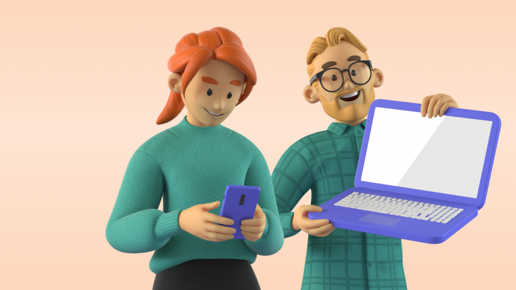Kvinne i grønn genser ser ned på mobiltelefonen i hendene sine og mann i grønn genser holder frem en laptop.