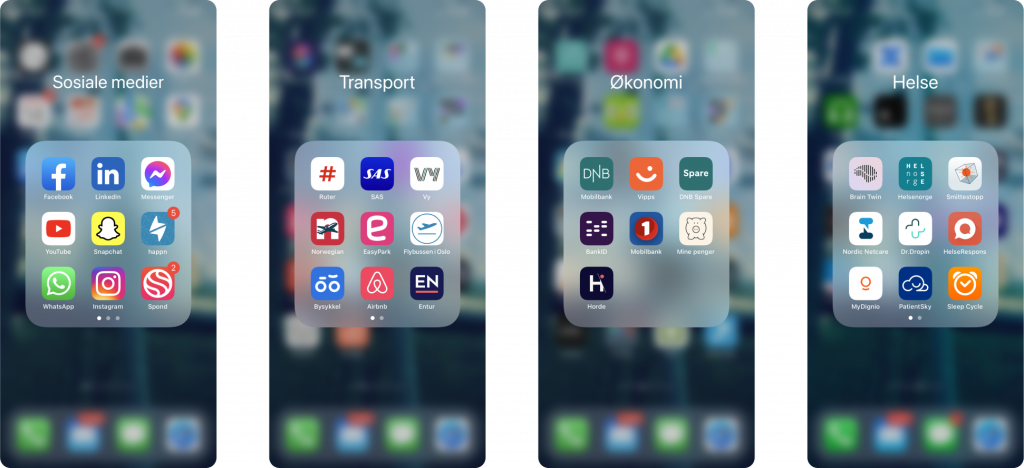 Fire skjermbilder fra en mobiltelefon som viser gruppering av apper under kategoriene "Sosiale medier", "Transport", "Økonomi" og "Helse"