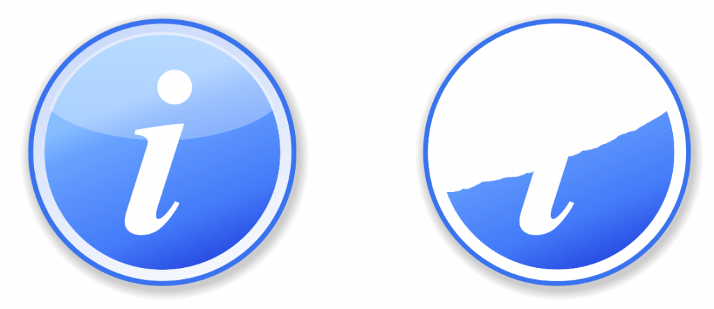 To varianter av en blå sirkel, med en "i" som indikerer informasjon. Den første har en blå gradient bakgrunn. Den andre mangler øvre halvdel av bakgrunnen, som skjuler i-en.