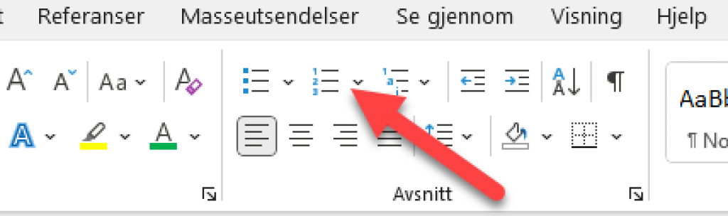 Eksempel på funksjonalitet for å lage punktlister i tekstbehandleren i Word.