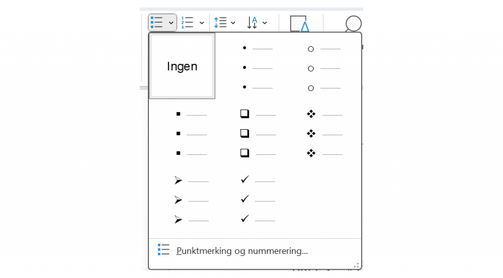 Skjermdump av PowerPoint som viser valgene for lister.