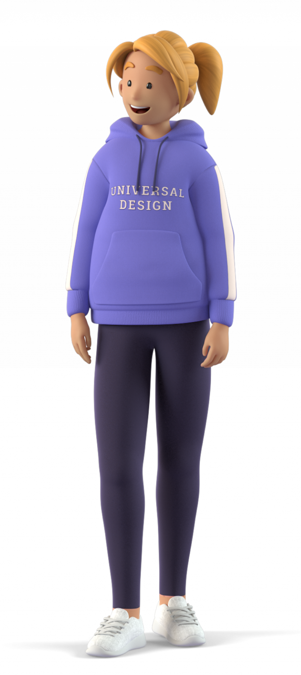 Illustrasjon av jente i lilla hettegenser med "Universal design" på.