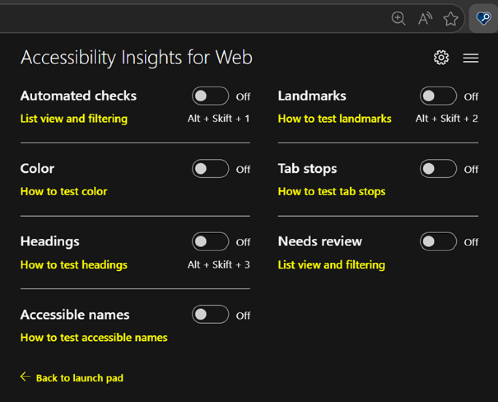 Bilde av testpanelet til Accessibility Insights for web.