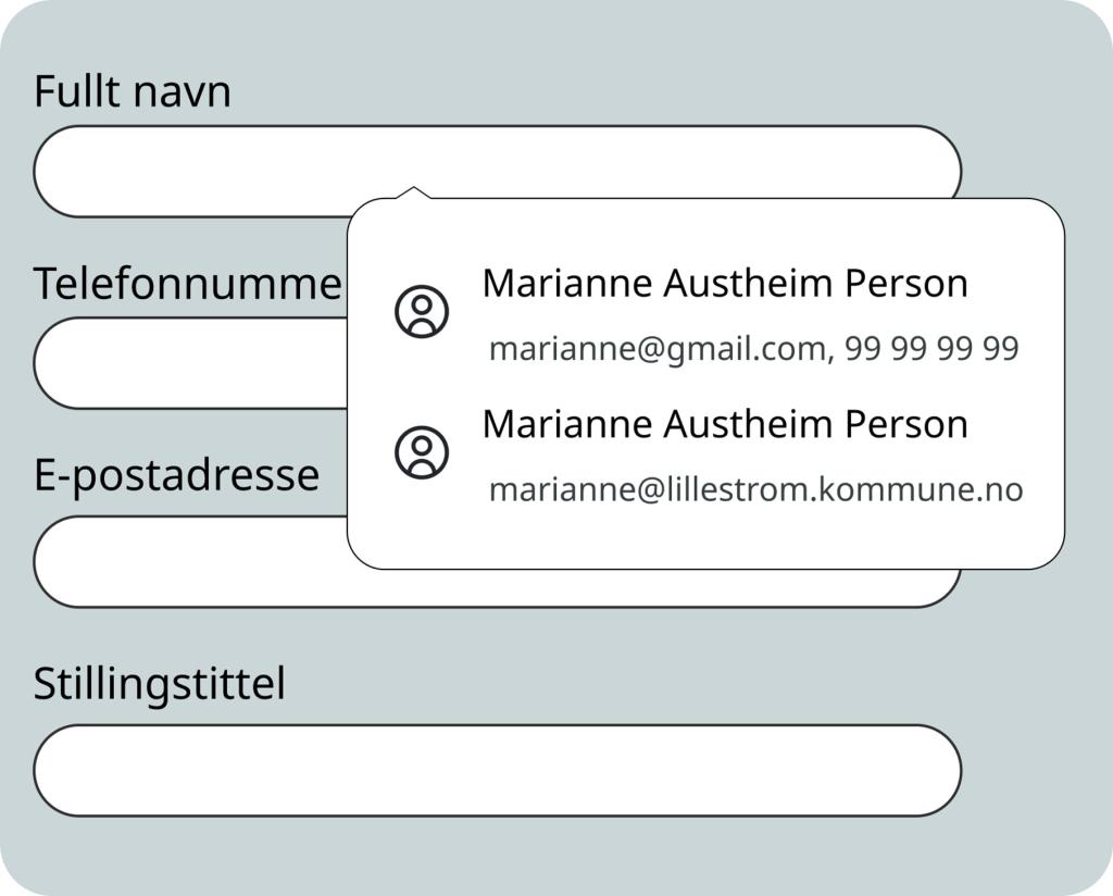 Bilde av inputfelter i et skjema der feltene har autofyll. Bildet viser forslag til hva som kan fylle sut i feltene (navn, telefonnummer og e-postadresse).