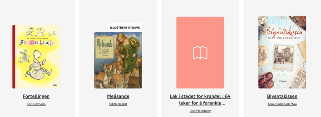 Bilde av deichman.no der tre bilder er meningsbærende og et er dekorativt. Brukt for å illustrere forskjellen på et dekorativt og meningsbærende bilde.