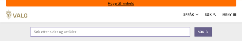 Bilde av nettsiden valg.no der vi ser skip-lenken (hopp til hovedinnhold).