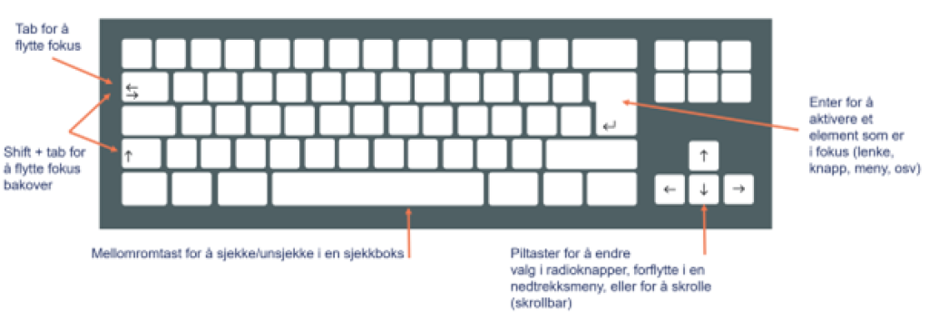 Illustrasjon av tastaturnavigering. Fremhevet shift for å flytte fokus, shift + tab for å flytte fokus bakover, mellomromtast for å sjekke/unsjekke i en sjekkboks, piltaster for skjemagrupper og enter for å aktivere.