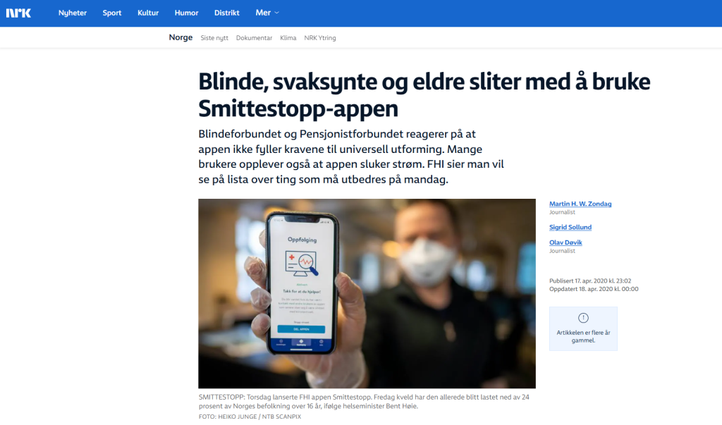 Bilde som viser nyhetssak fra nrk.no. Overskriften er: Blinde, svaksynte og eldre sliter med å bruke Smittestopp-appen