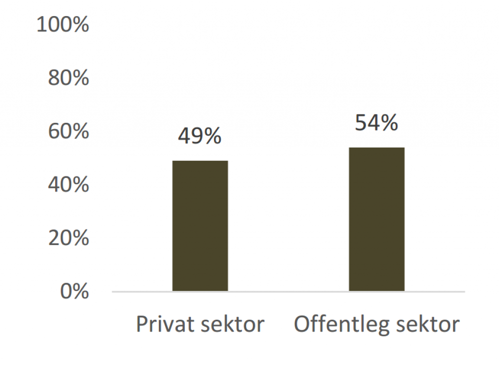 Figur 22: Privat sektor oppnådde 49 prosent og offentleg sektor oppnådde 54 prosent av totalt oppnåelege poeng.