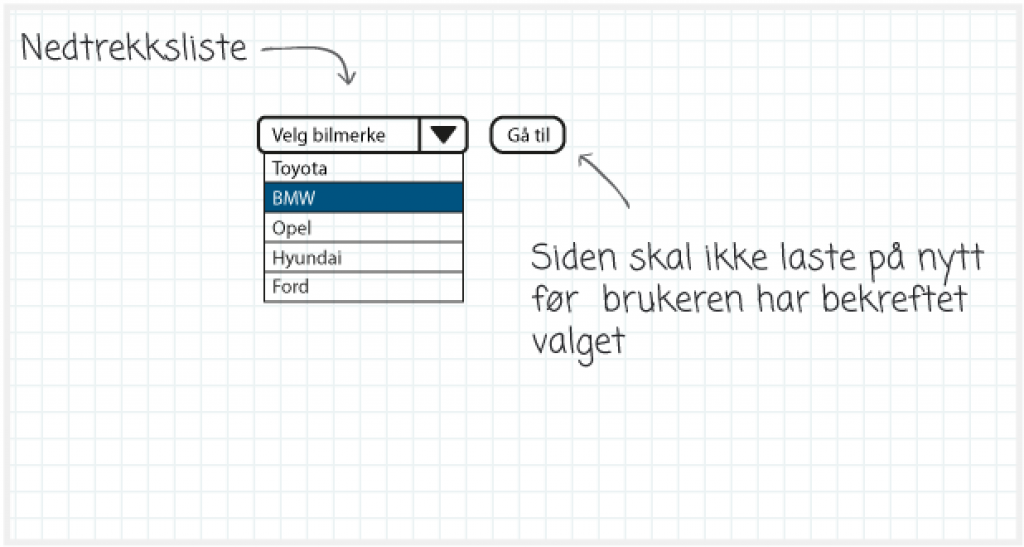 Bilde av nedtrekksliste med knapp. Siden skal ikke laste på nytt før brukeren har bekreftet valget.