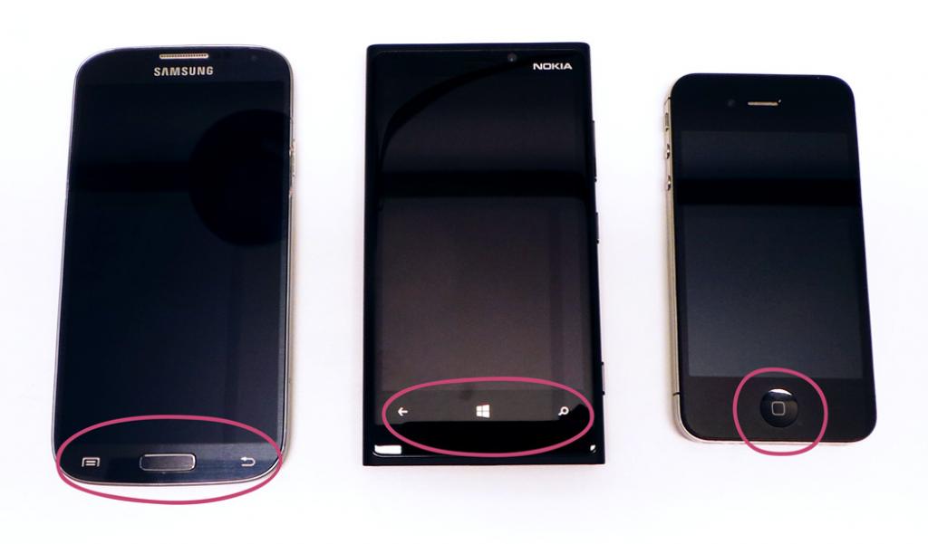 Smarttelefoner med Android, Windows og iOS operativsystem, markering av fysiske knapper. 