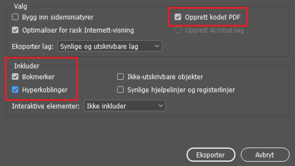 Skjermdump av oppsett for pdf for utskrift i InDesign. Valgene for Opprett kodet PDF, bokmerker og hyperkoblinger er markert med rød ramme. 