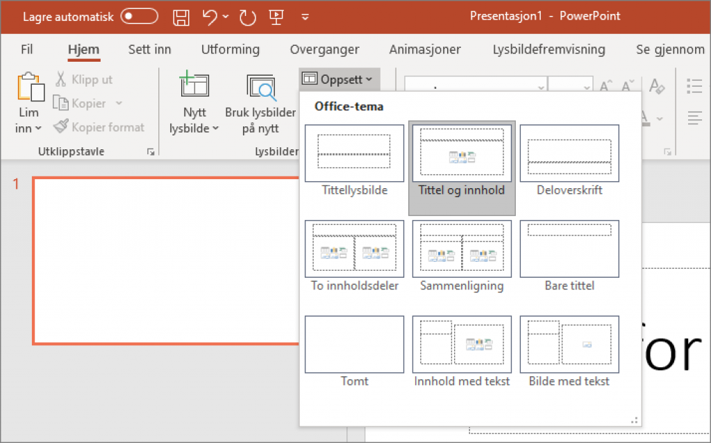 Skjermdump av PowerPoint som viser innebygde Office-tema under funksjonen oppsett.