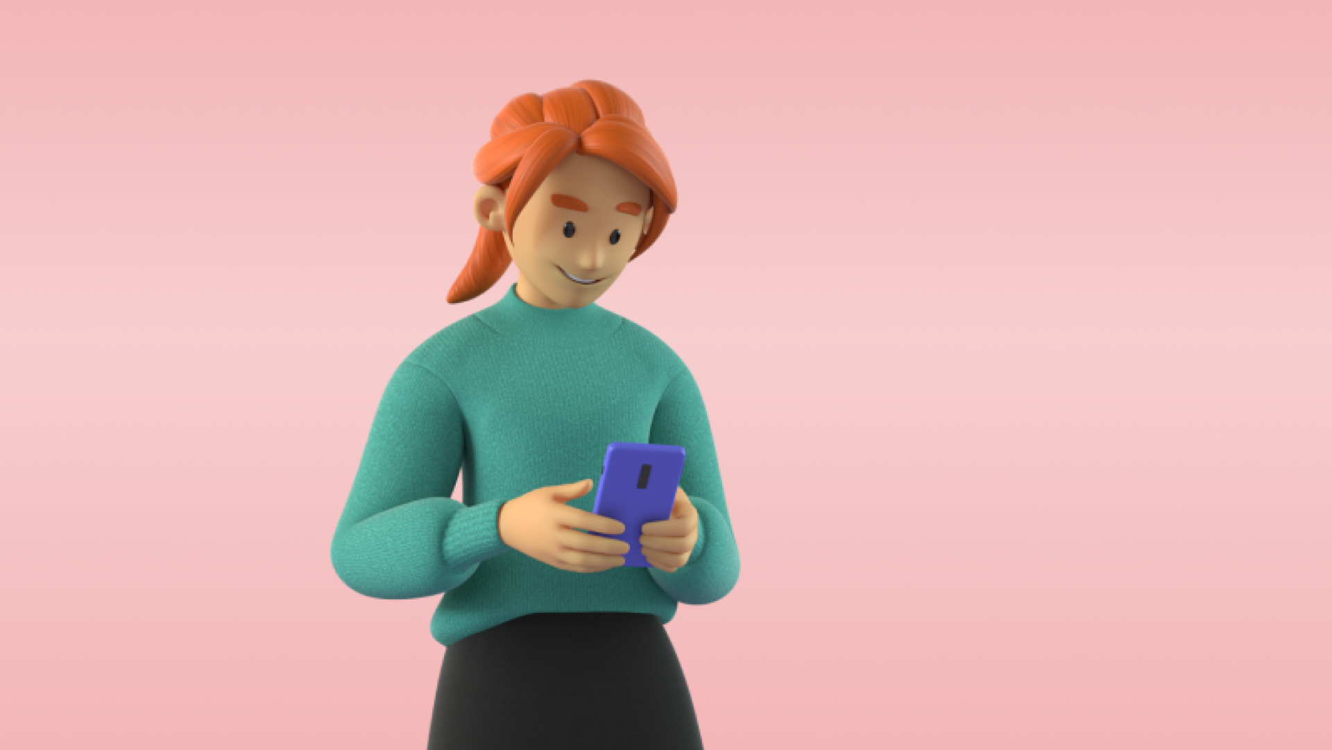Kvinne i grønn genser som står og holder en mobil, rosa gradient bakgrunn