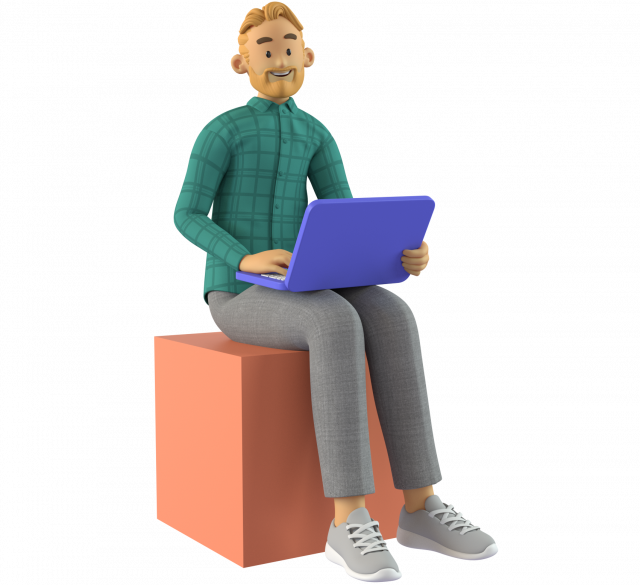 Banner: Mann med grønn genser sitter på en blokk og holder en laptop, grønn bakgrunn