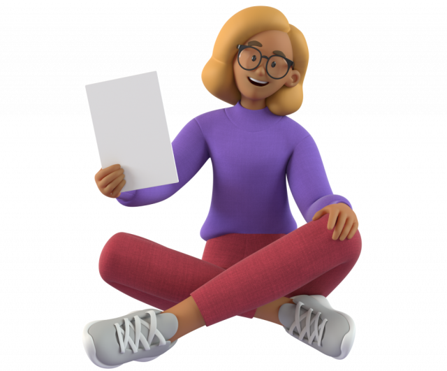 Kvinne i lilla genser sitter med bena i kryss og en arm utstrakt som holder et papir