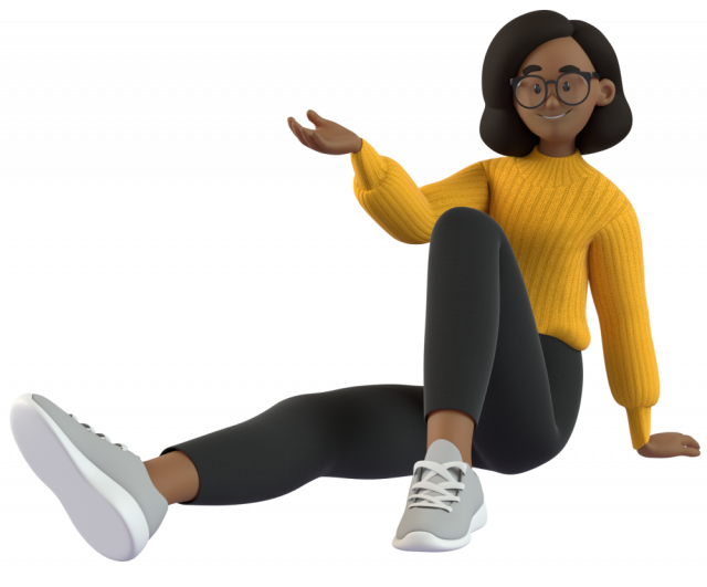 Woman in a yellow sweater sitting with one leg out and a hand raised.