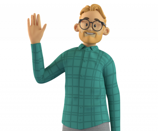 Man in green shirt standing and waving with one hand.