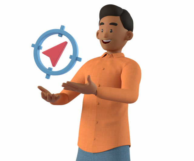 Man in orange shirt standing in a magician's pose with a floating compass