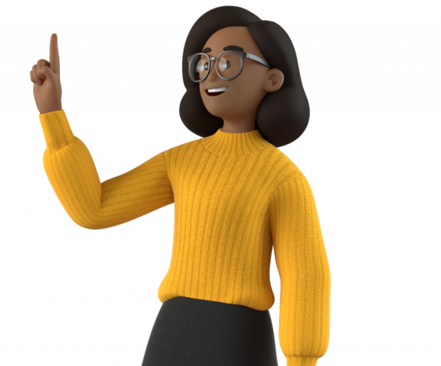 Woman in yellow sweater standing pointing finger upwards