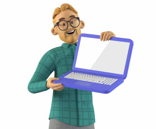 Man in green shirt and glasses standing and holding laptop without content