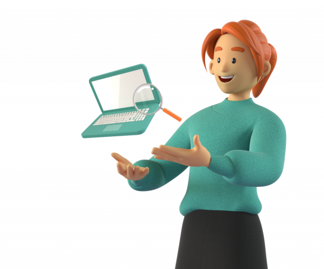 Woman in green sweater with a floating laptop and magnifying glass